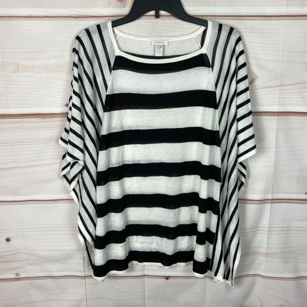 Chicos Sweater Womens S M Black White Stripe‎ Poncho Pullover Lightweight Knit